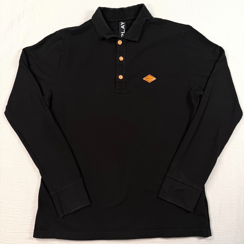 Replay Mens Long Sleeve Polo Shirt Black Orange Logo Size Large Streetwear - Picture 2 of 6